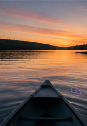 empathy_canoe 2 - Empathy Guest Suites Canoe viewed from the bow gliding on a calm lake at sunset with orange-pink sky and tree-lined horizon.