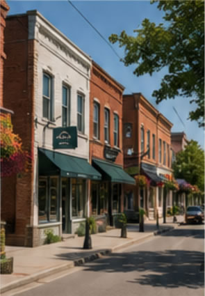 empathy_picton_downtown - Empathy Guest Suites Sunny street lined with brick storefronts and green awnings in a small downtown.