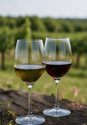 empathy_wine - Empathy Guest Suites Two wine glasses (one white, one red) sit on a weathered wooden table with a vineyard in the blurred background.